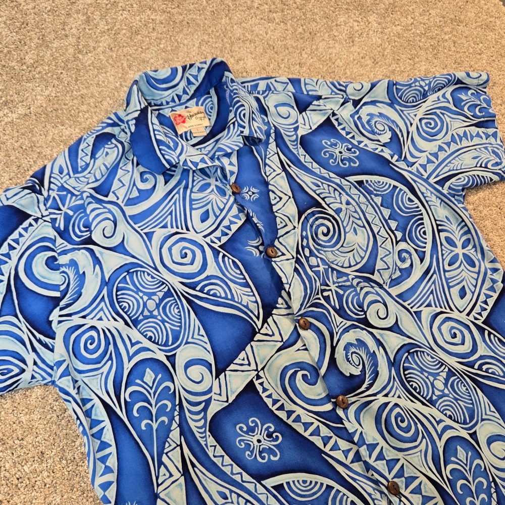 The Hawaiian Original Aloha‎ Shirt Blue Tribal Print Rayon mens size Large